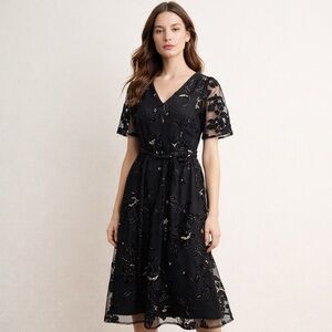 Kensie Sheer Embroidered Floral Midi Dress Black Tie Waist Romantic Coquette